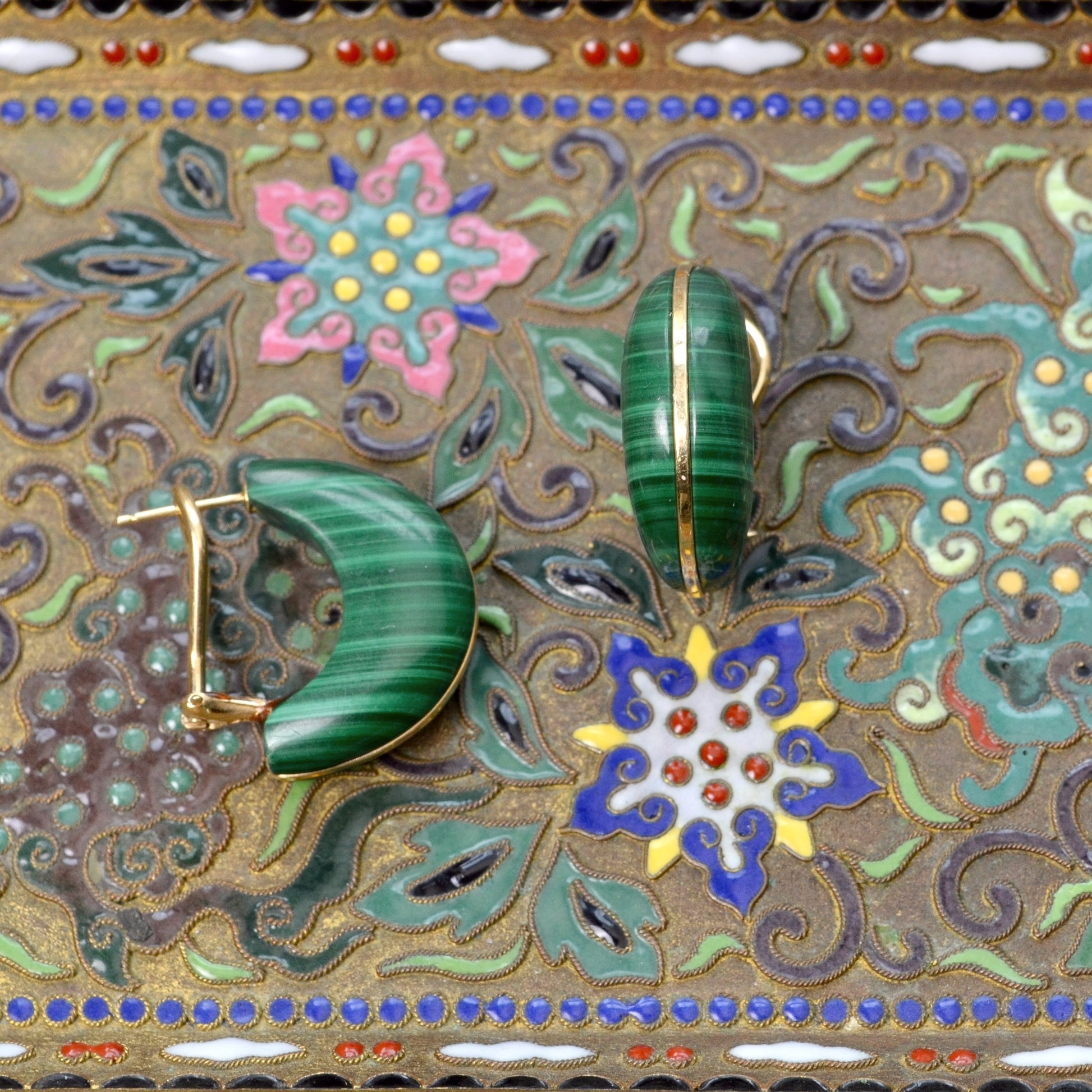 Vintage 14k Gold Malachite Hoop Earrings