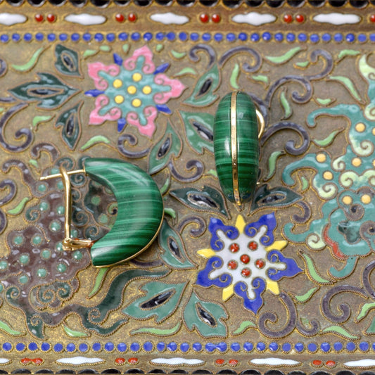 Vintage 14k Gold Malachite Hoop Earrings