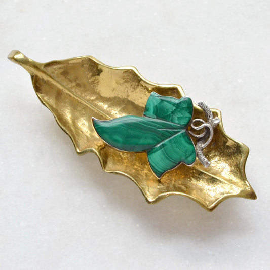 Antique Malachite and Silver Ivy Leaf Brooch