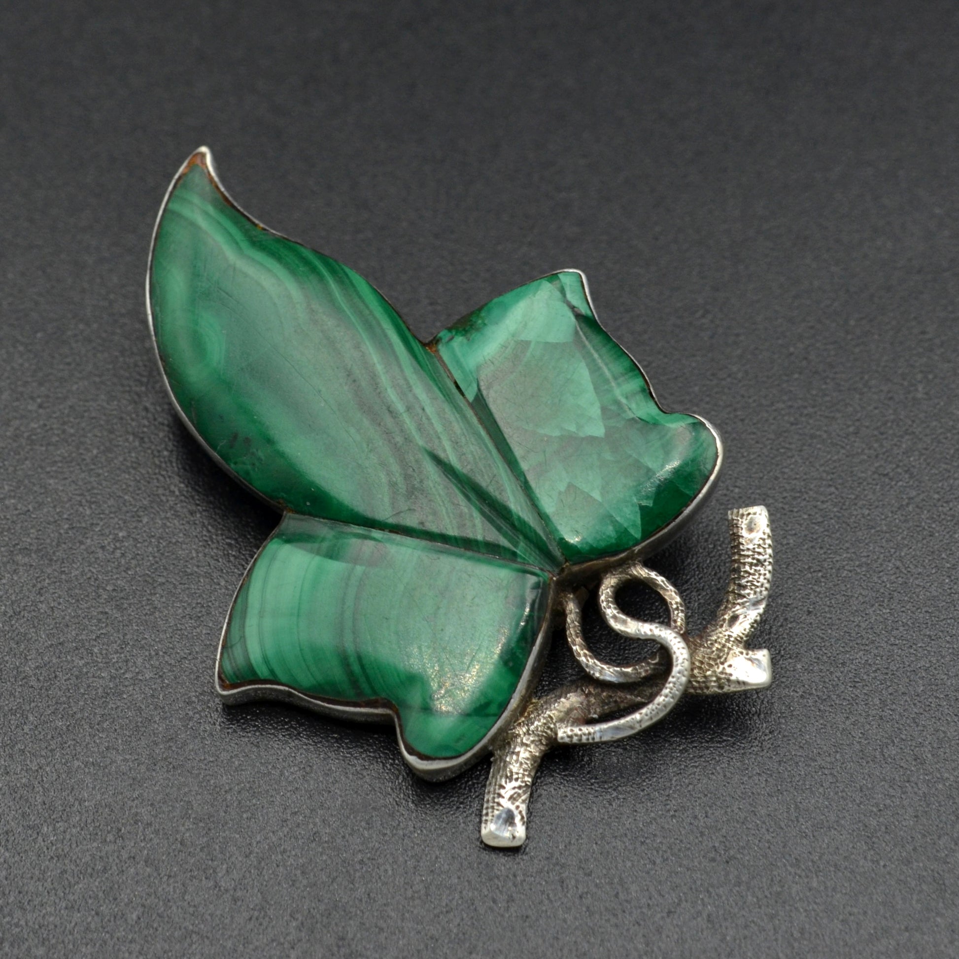 Antique Malachite and Silver Ivy Leaf Brooch