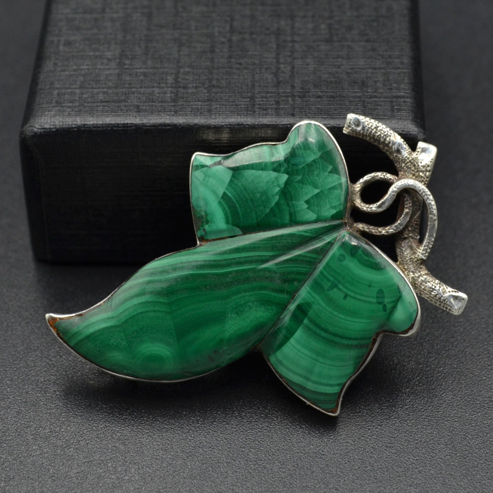 Antique Malachite and Silver Ivy Leaf Brooch