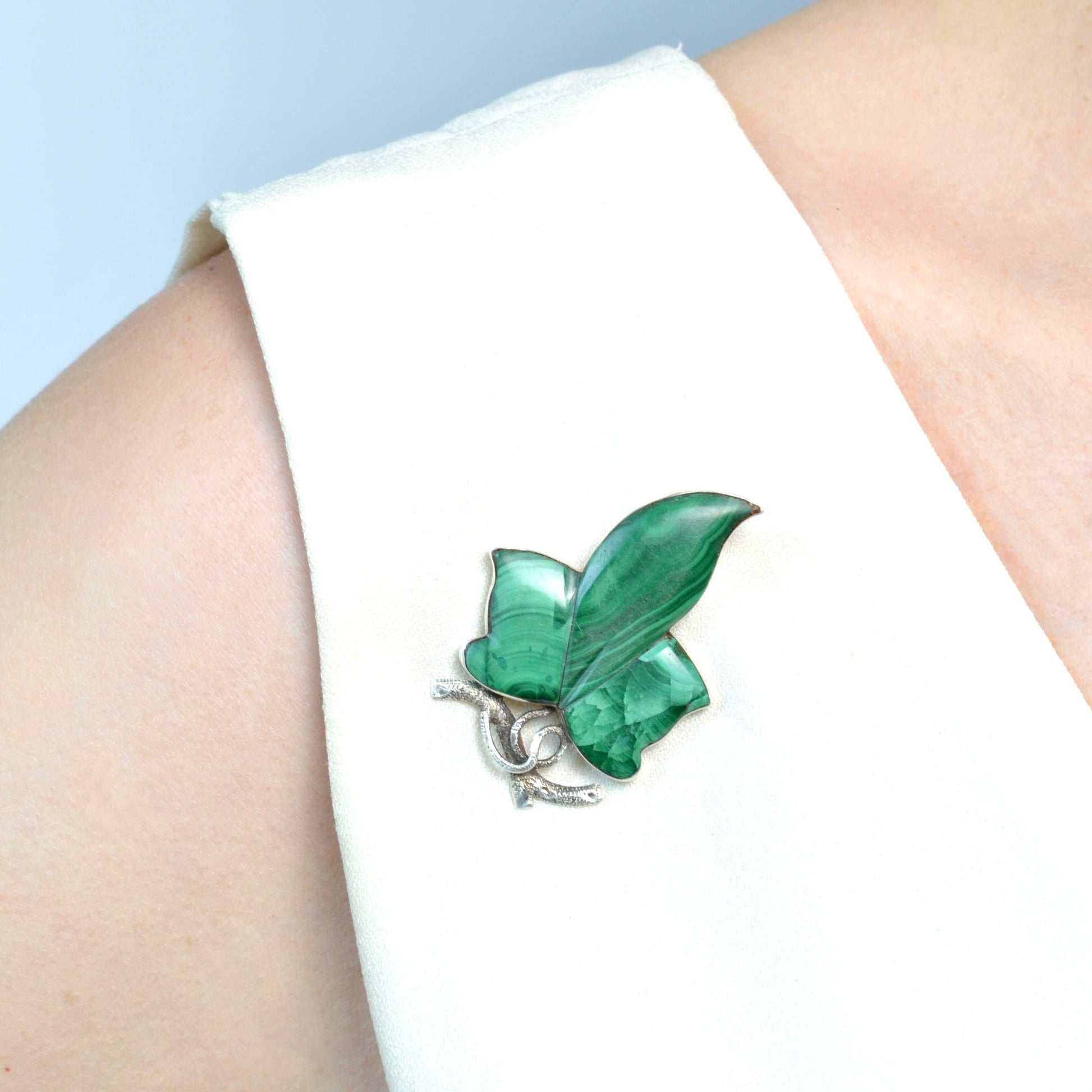 Antique Malachite and Silver Ivy Leaf Brooch