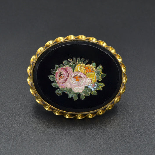 Antique Micromosaic and Onyx Floral Bouquet Brooch