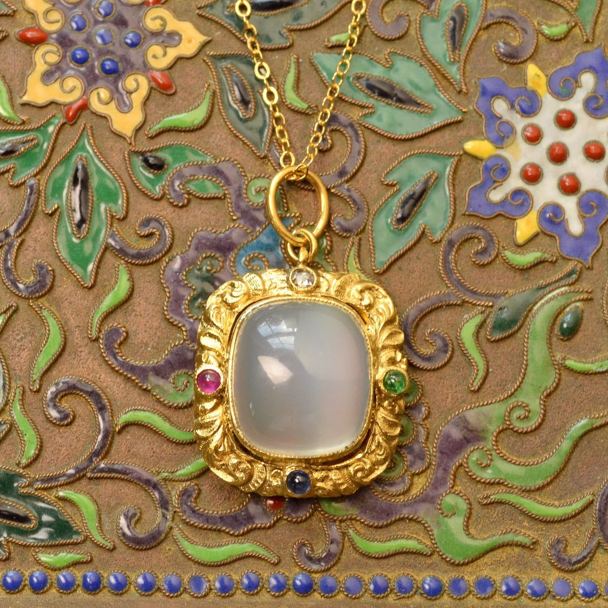 Moonstone, Emerald, Ruby, Diamond and Sapphire Pendant