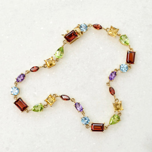 Vintage 14k Gold, Garnet, Topaz, Peridot, Citrine and Amethyst Line Bracelet