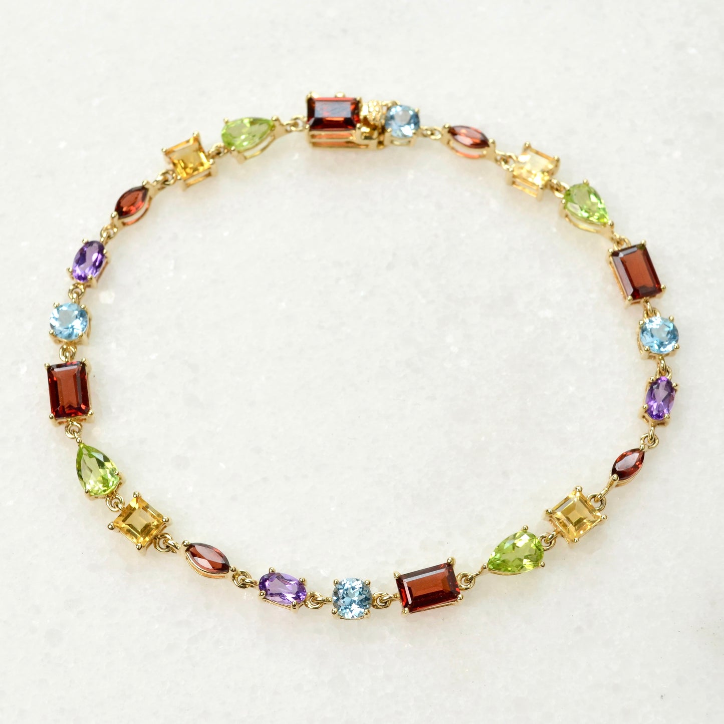 Vintage 14k Gold, Garnet, Topaz, Peridot, Citrine and Amethyst Line Bracelet