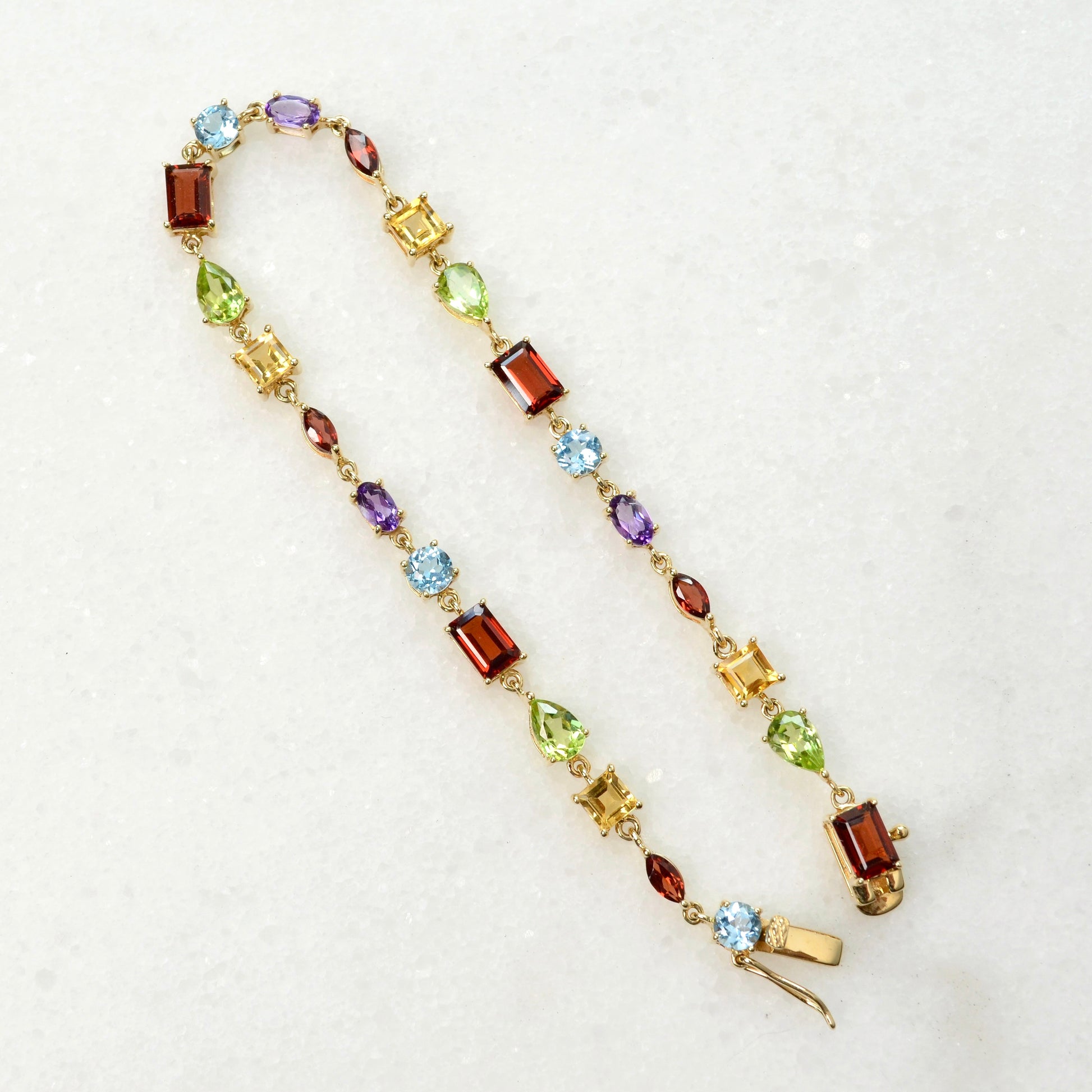 Vintage 14k Gold, Garnet, Topaz, Peridot, Citrine and Amethyst Line Bracelet