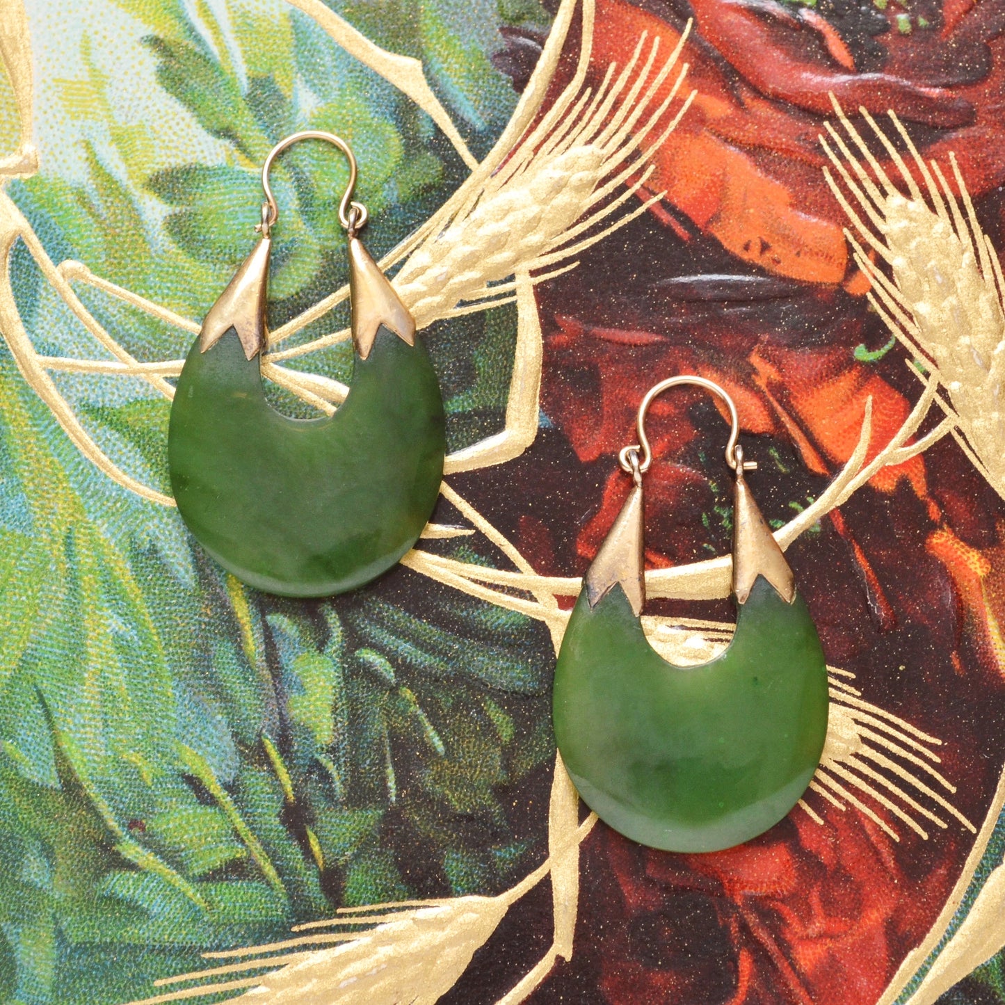 Vintage Carved Nephrite Jade Hoop Earrings