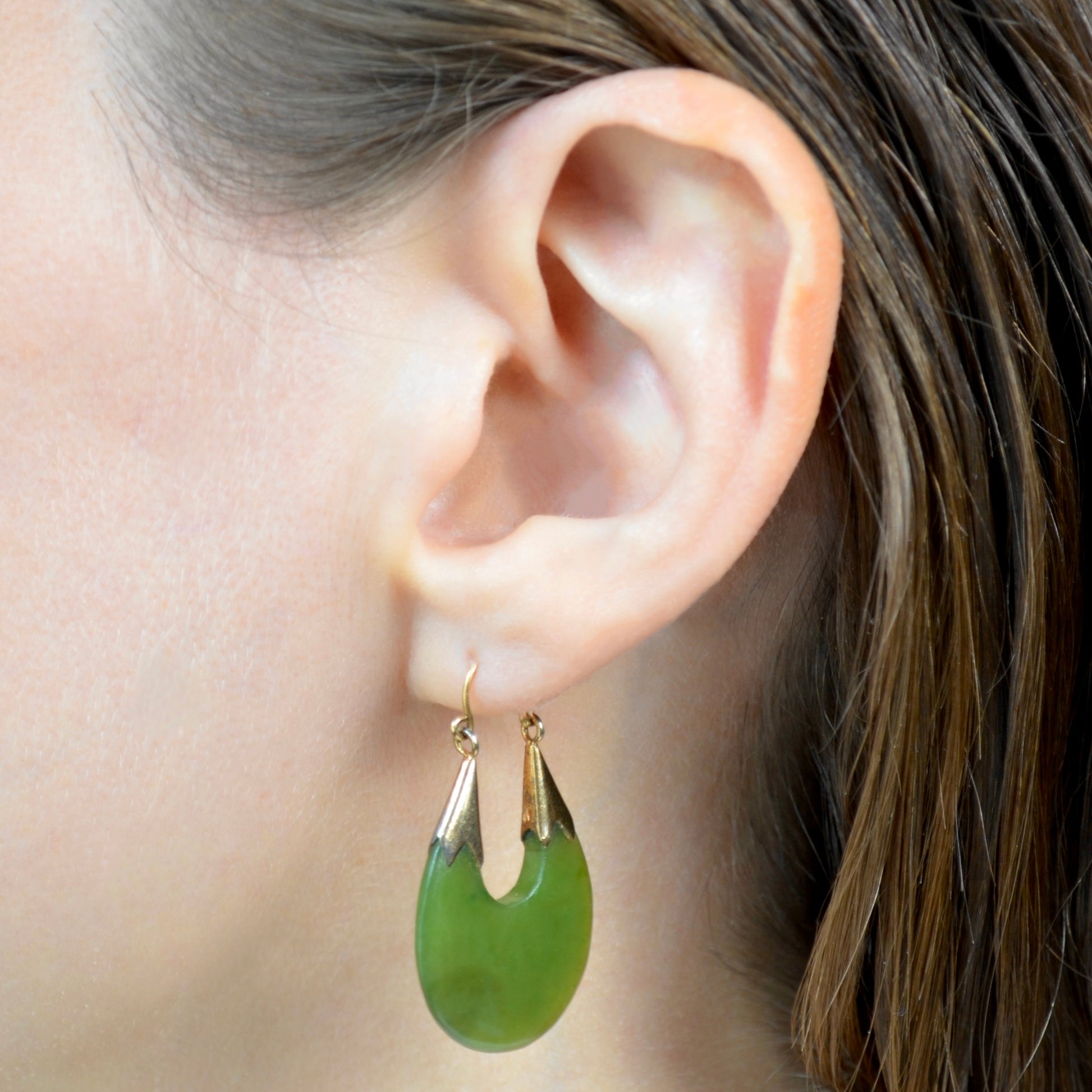 Vintage Carved Nephrite Jade Hoop Earrings