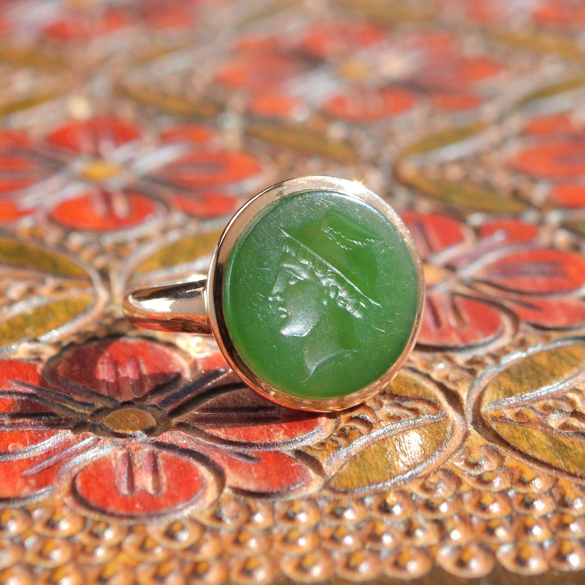 Antique Nephrite Jade Hermes Intaglio and Gold Ring