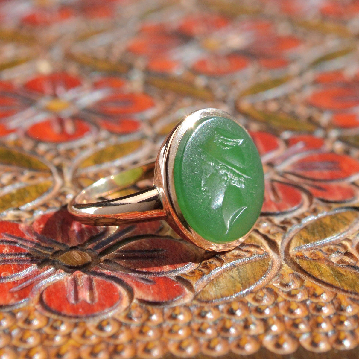 Antique Nephrite Jade Hermes Intaglio and Gold Ring