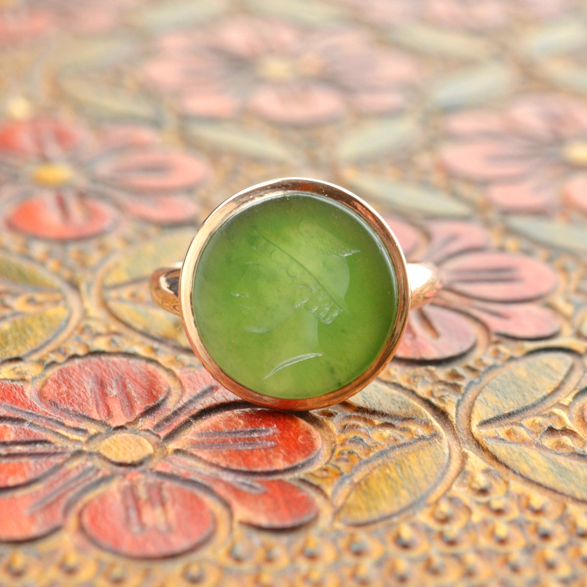 Antique Nephrite Jade Hermes Intaglio and Gold Ring