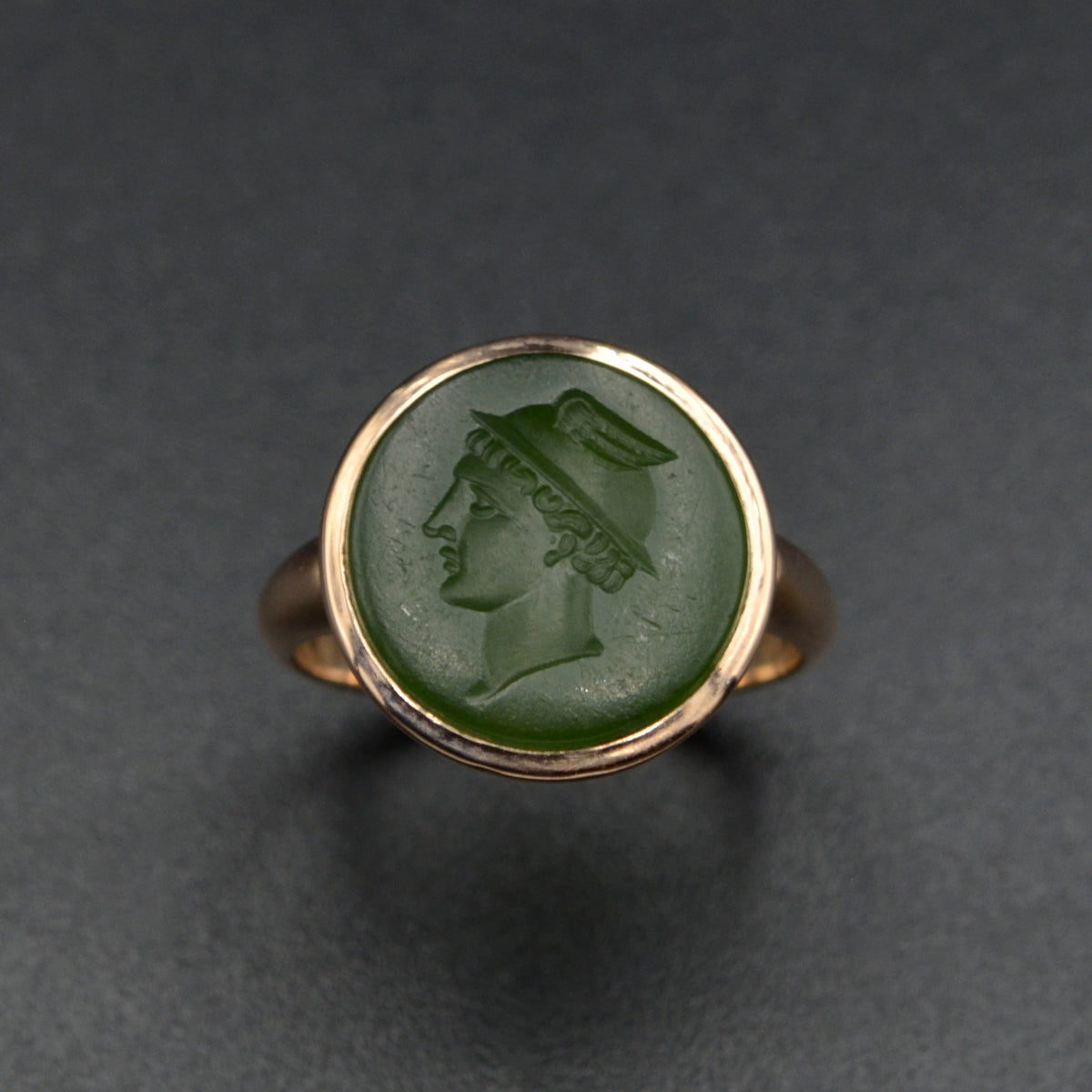Antique Nephrite Jade Hermes Intaglio and Gold Ring