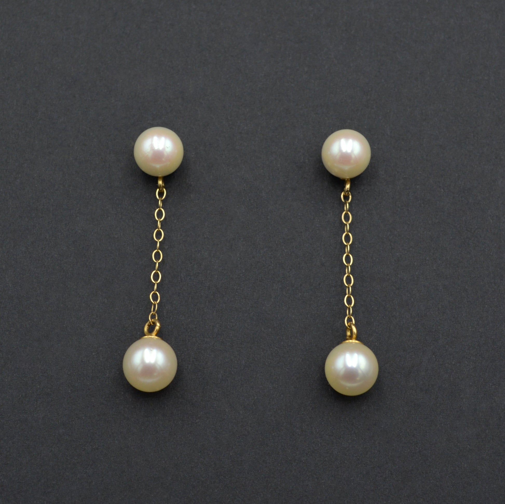 Double Pearl and Chain Dangle Drop Earrings in 14k Gold 