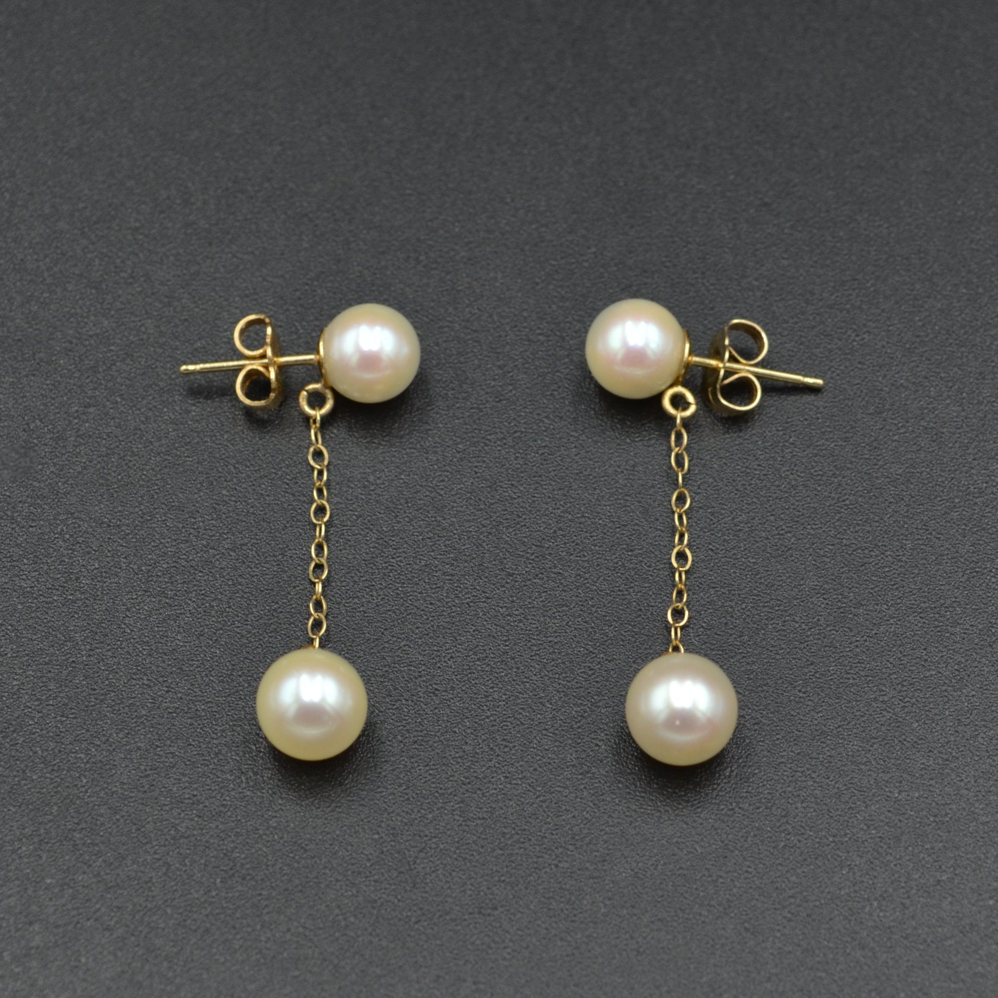 Double Pearl and Chain Dangle Drop Earrings in 14k Gold 