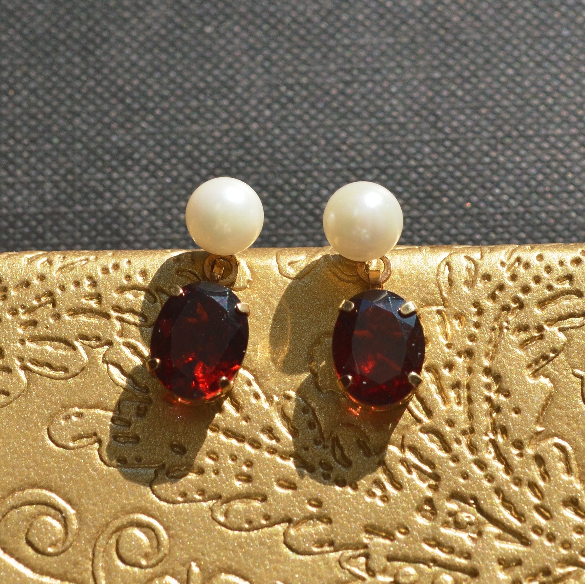 Vintage Pearl, Garnet and 14k Gold Earrings