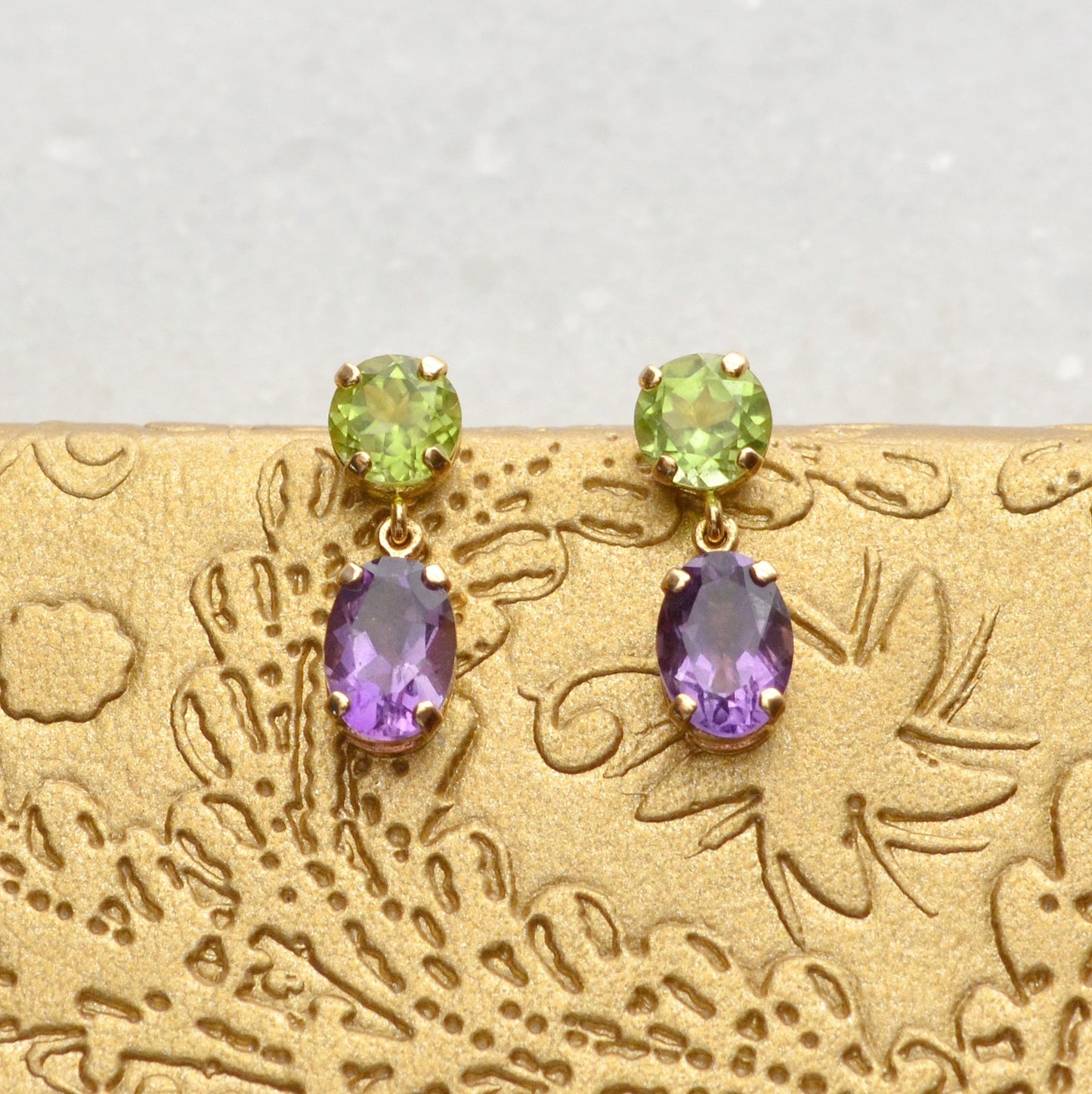 Vintage Peridot, Amethyst and 14k Gold Earrings