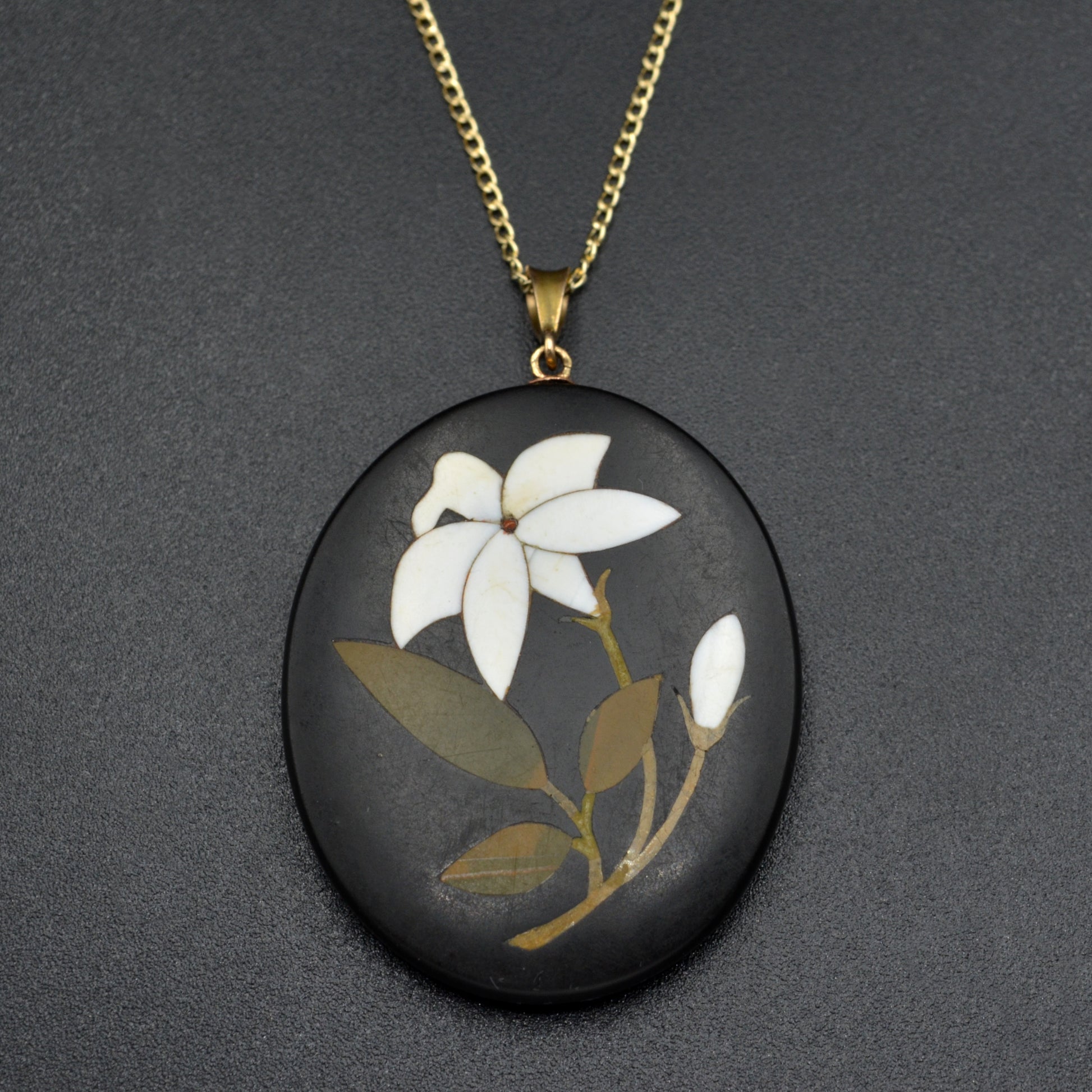 Antique Pietra Dura Lily and 9k Gold Necklace 