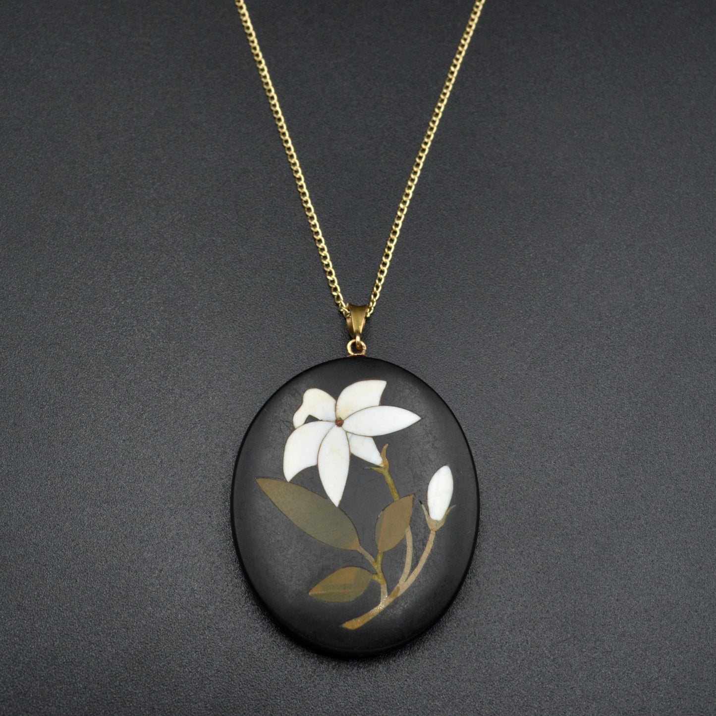 Antique Pietra Dura Lily and 9k Gold Necklace 
