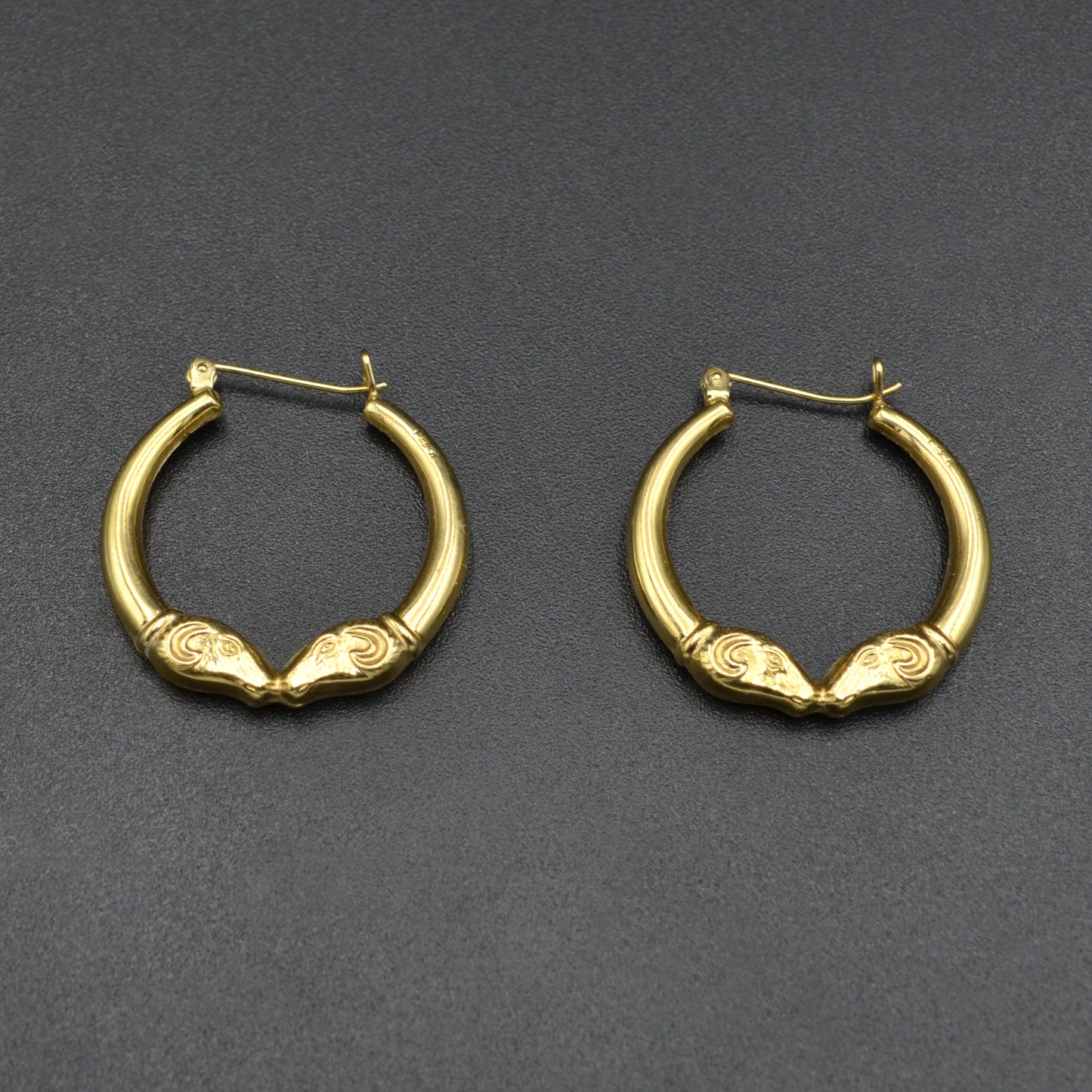 Vintage Double Rams Head 14k Gold Hoop Earrings