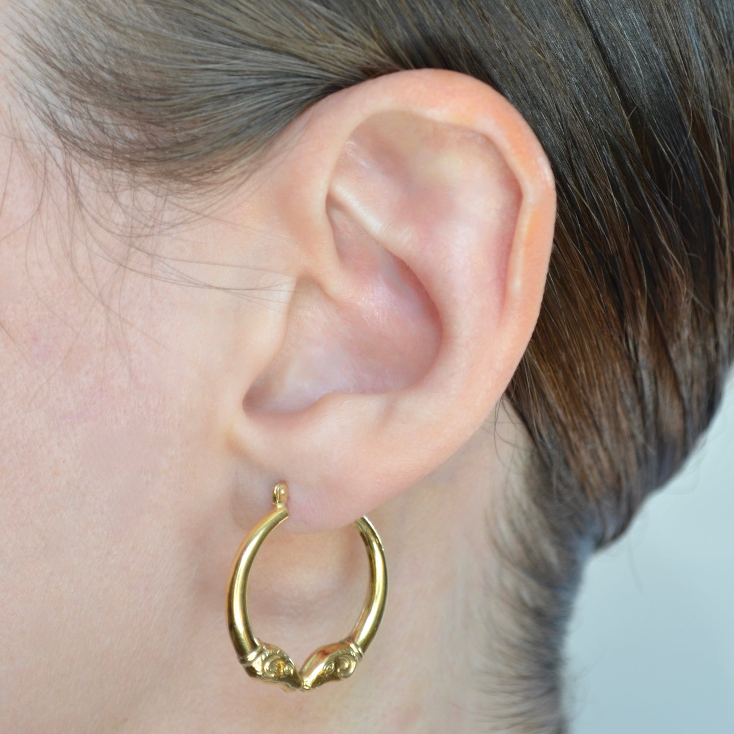 Vintage Double Rams Head 14k Gold Hoop Earrings