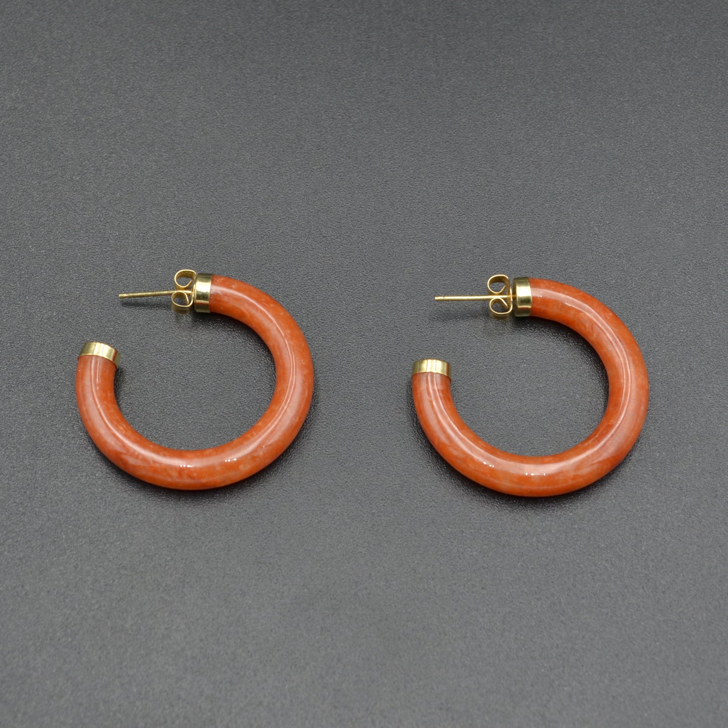 Vintage Minimalist Red Jadeite Jade and 14k Gold Hoop Earrings