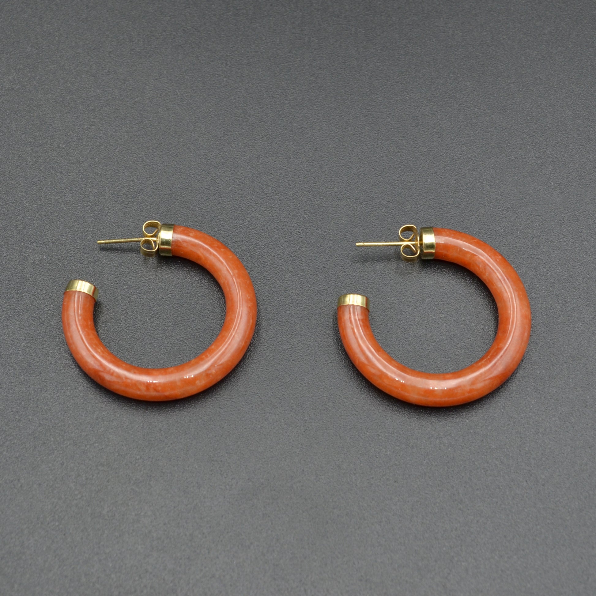 Vintage Minimalist Red Jadeite Jade and 14k Gold Hoop Earrings