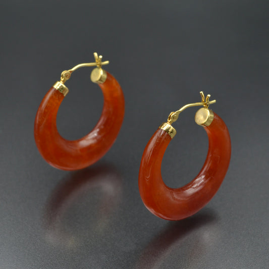 Vintage Chunky Red Jade and 14k Gold Hoop Earrings