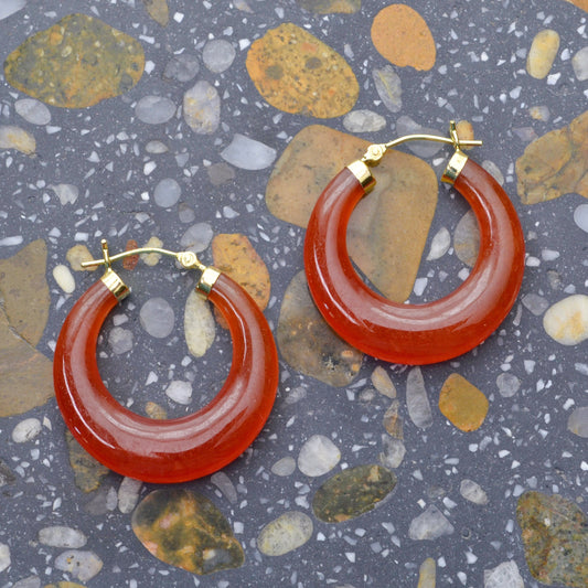Vintage Chunky Red Jade and 14k Gold Hoop Earrings