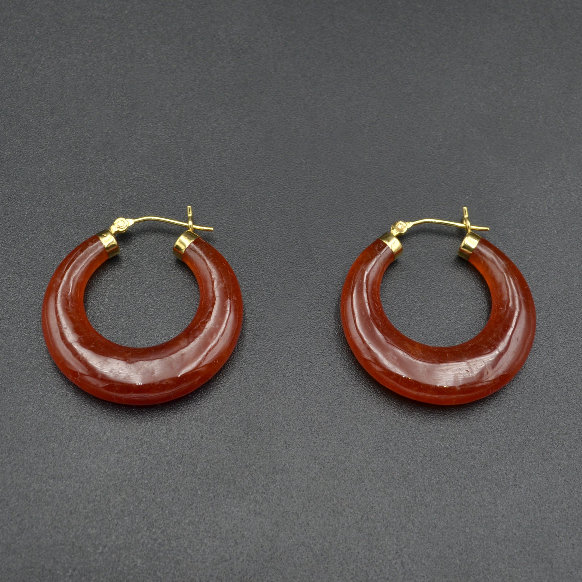 Vintage Chunky Red Jade and 14k Gold Hoop Earrings