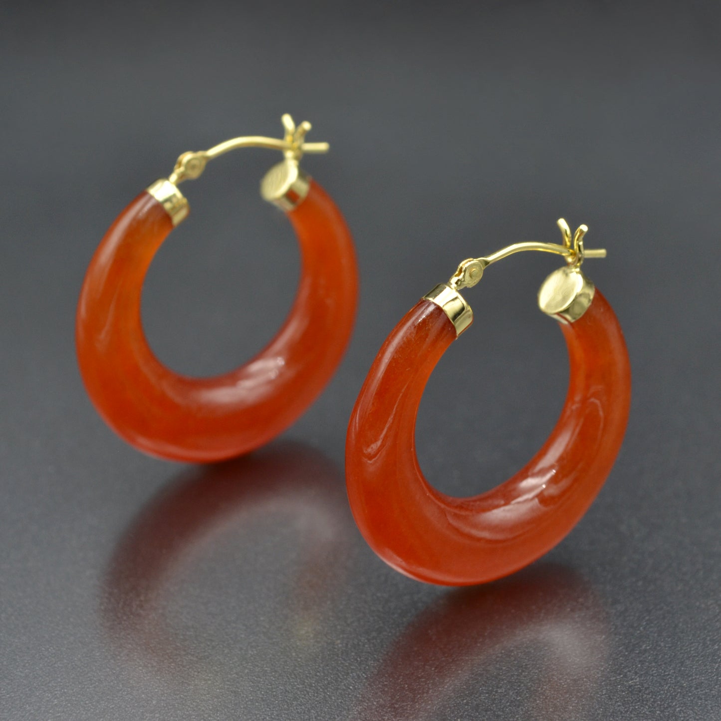 Vintage Chunky Red Jade and 14k Gold Hoop Earrings
