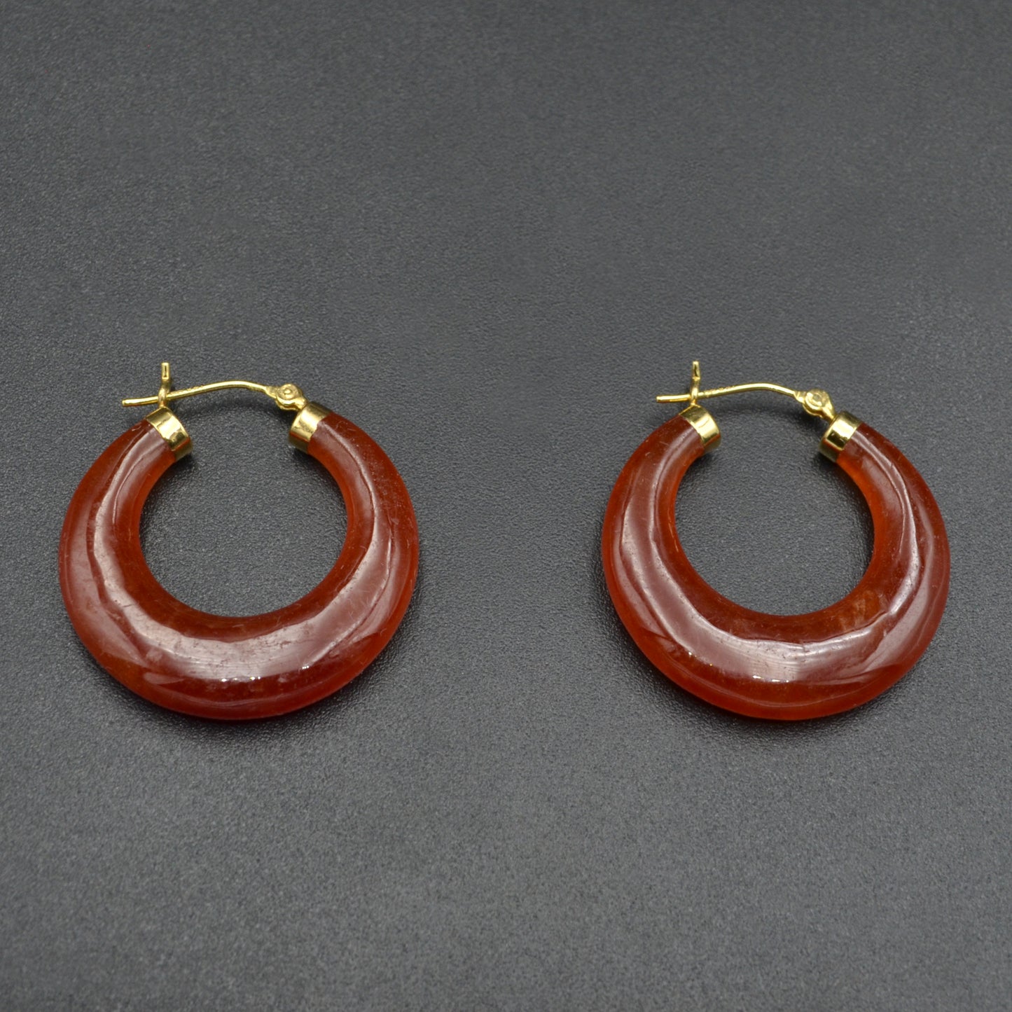 Vintage Chunky Red Jade and 14k Gold Hoop Earrings