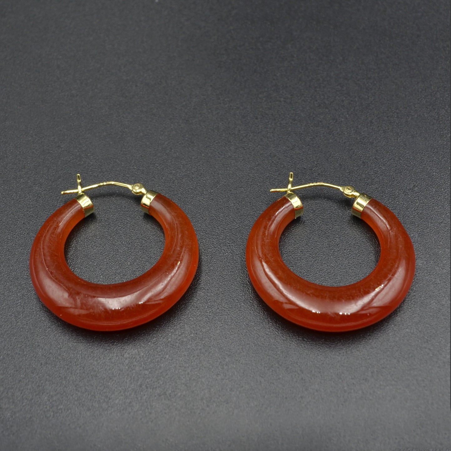Vintage Chunky Red Jade and 14k Gold Hoop Earrings