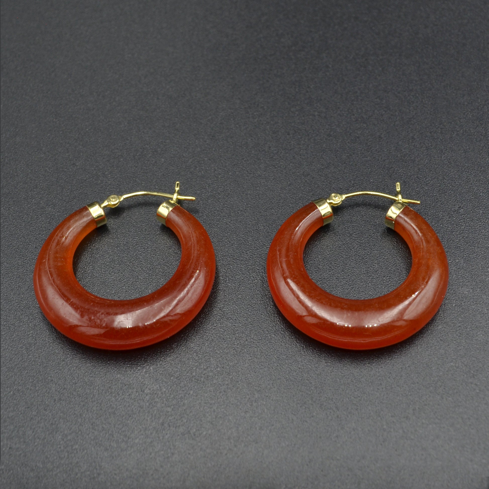 Vintage Chunky Red Jade and 14k Gold Hoop Earrings
