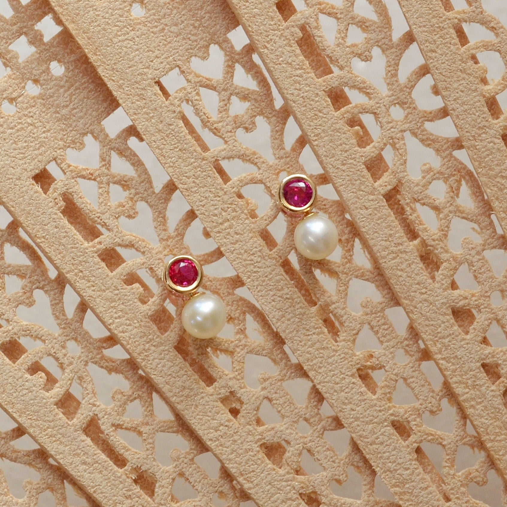 Vintage Synthetic Ruby, Cultured Pearl and 14k Gold Earrings