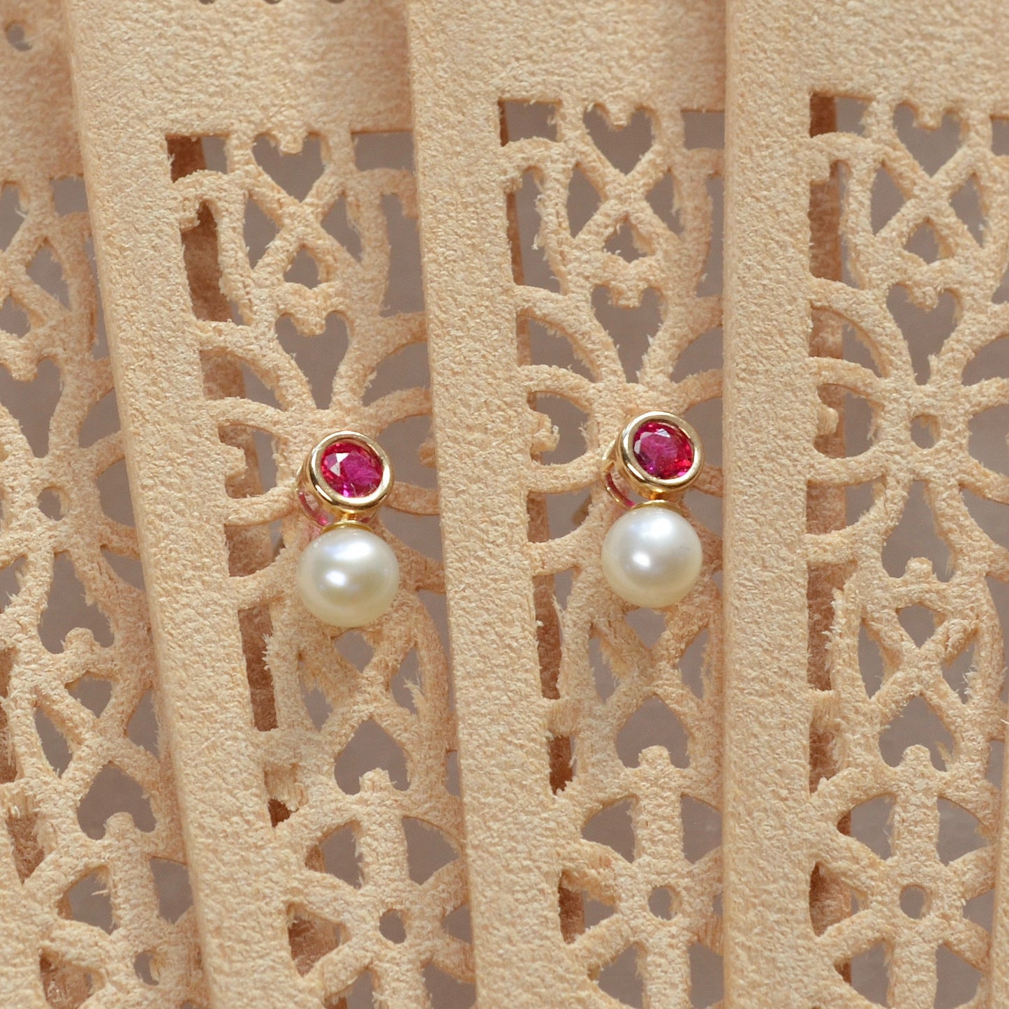 Vintage Synthetic Ruby, Cultured Pearl and 14k Gold Earrings