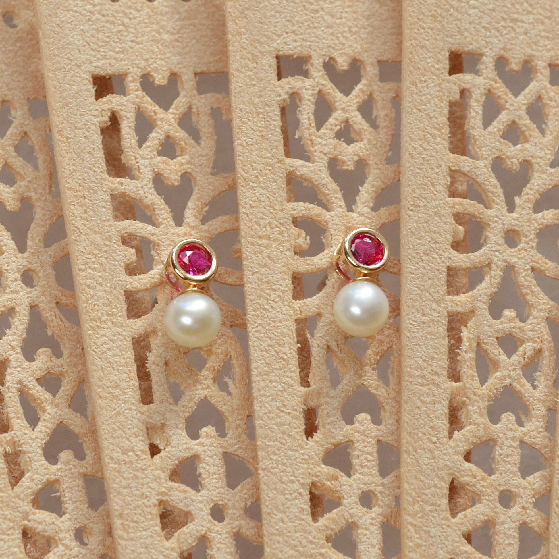 Vintage Synthetic Ruby, Cultured Pearl and 14k Gold Earrings
