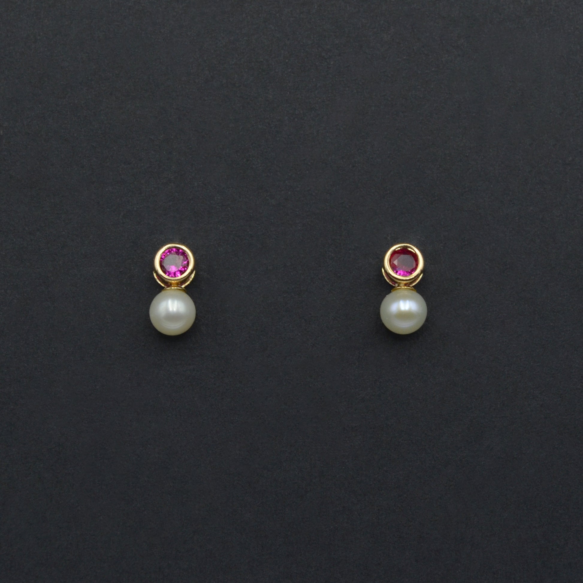 Vintage Synthetic Ruby, Cultured Pearl and 14k Gold Earrings