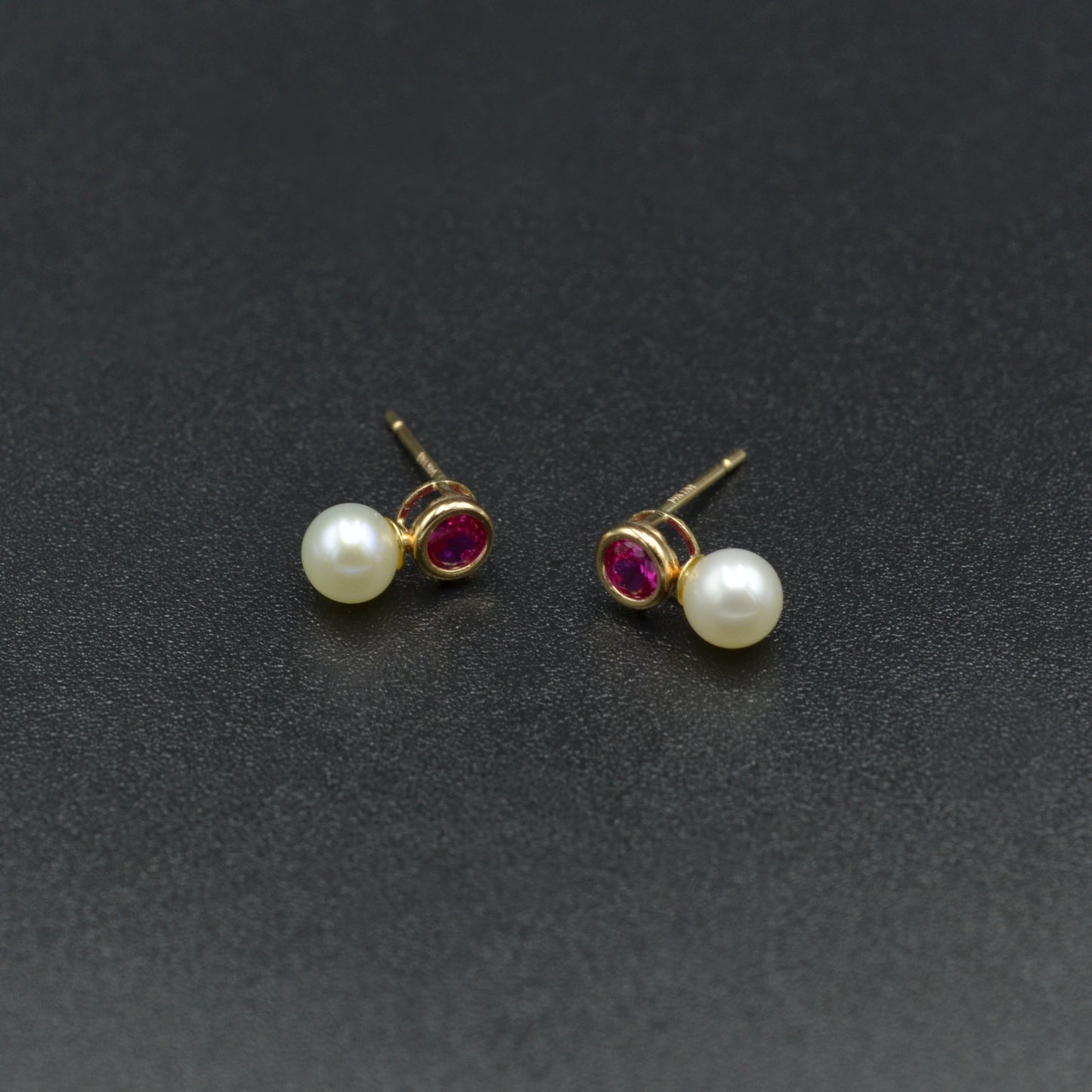 Vintage Synthetic Ruby, Cultured Pearl and 14k Gold Earrings