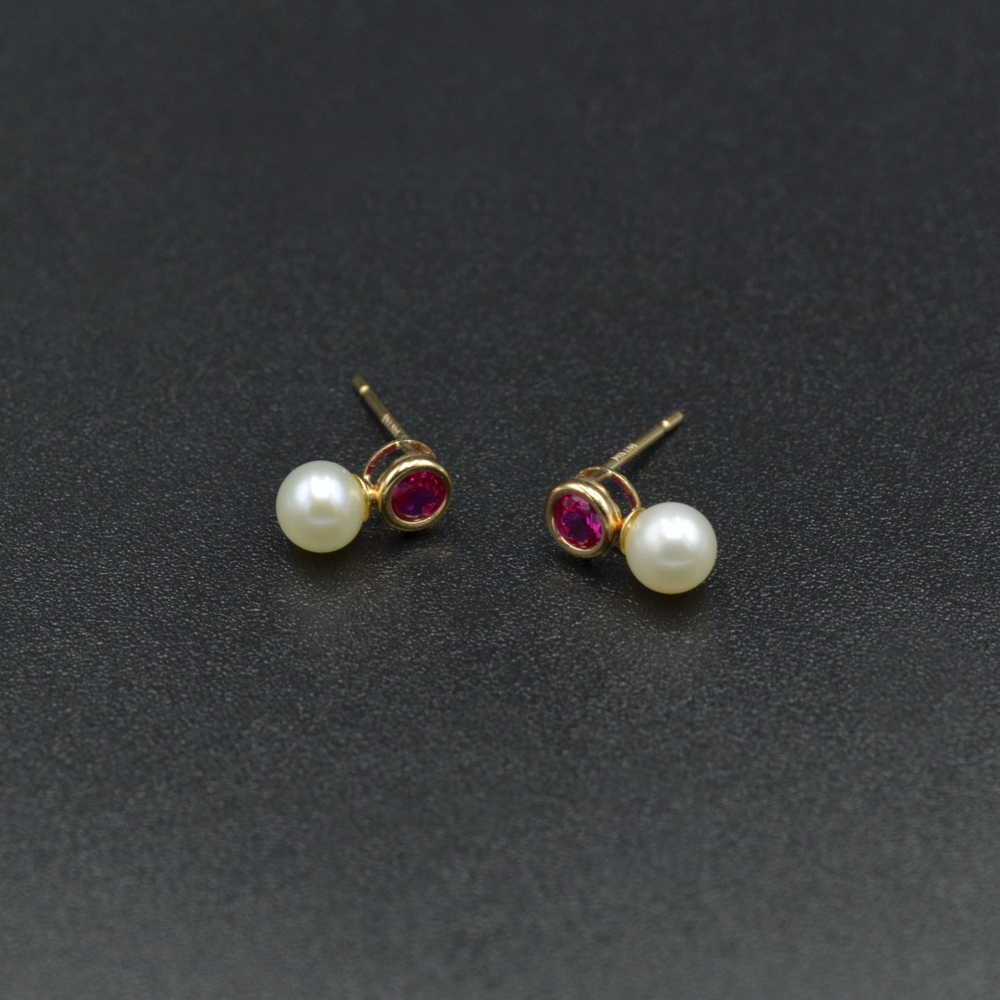 Vintage Synthetic Ruby, Cultured Pearl and 14k Gold Earrings