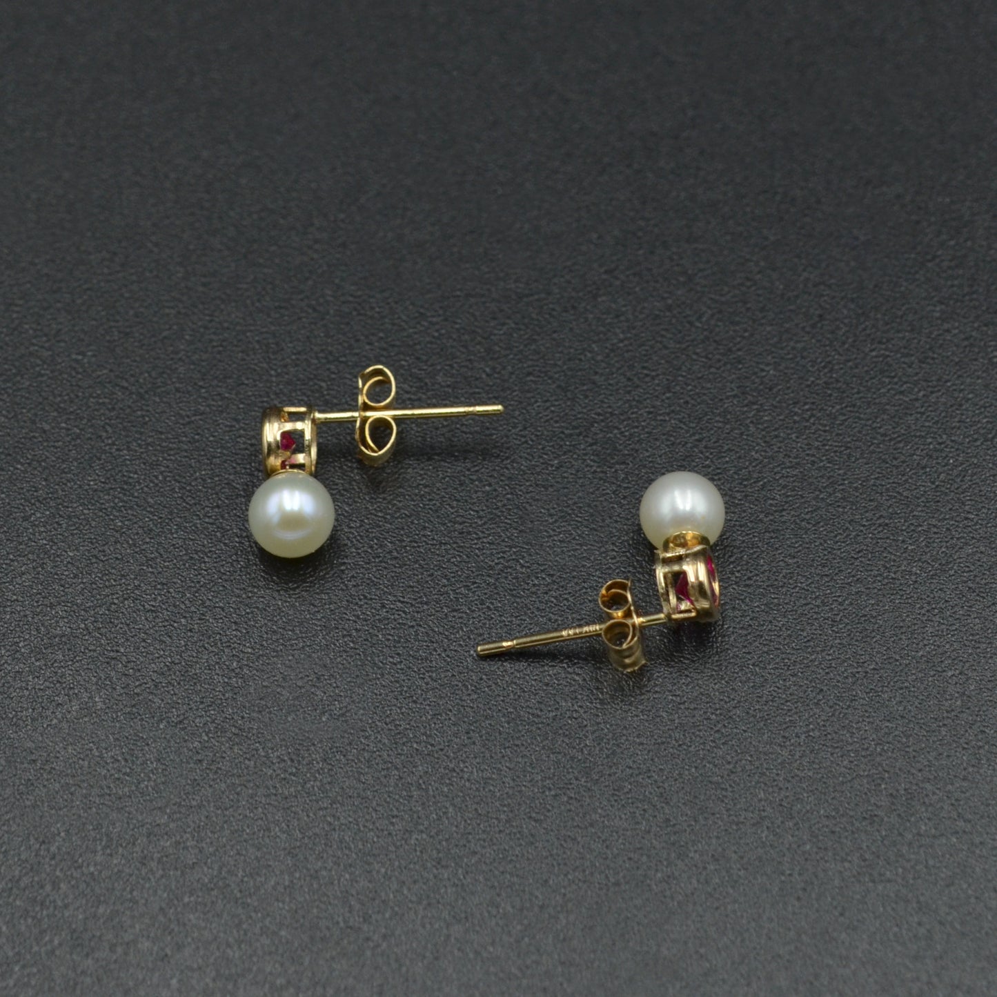 Vintage Synthetic Ruby, Cultured Pearl and 14k Gold Earrings
