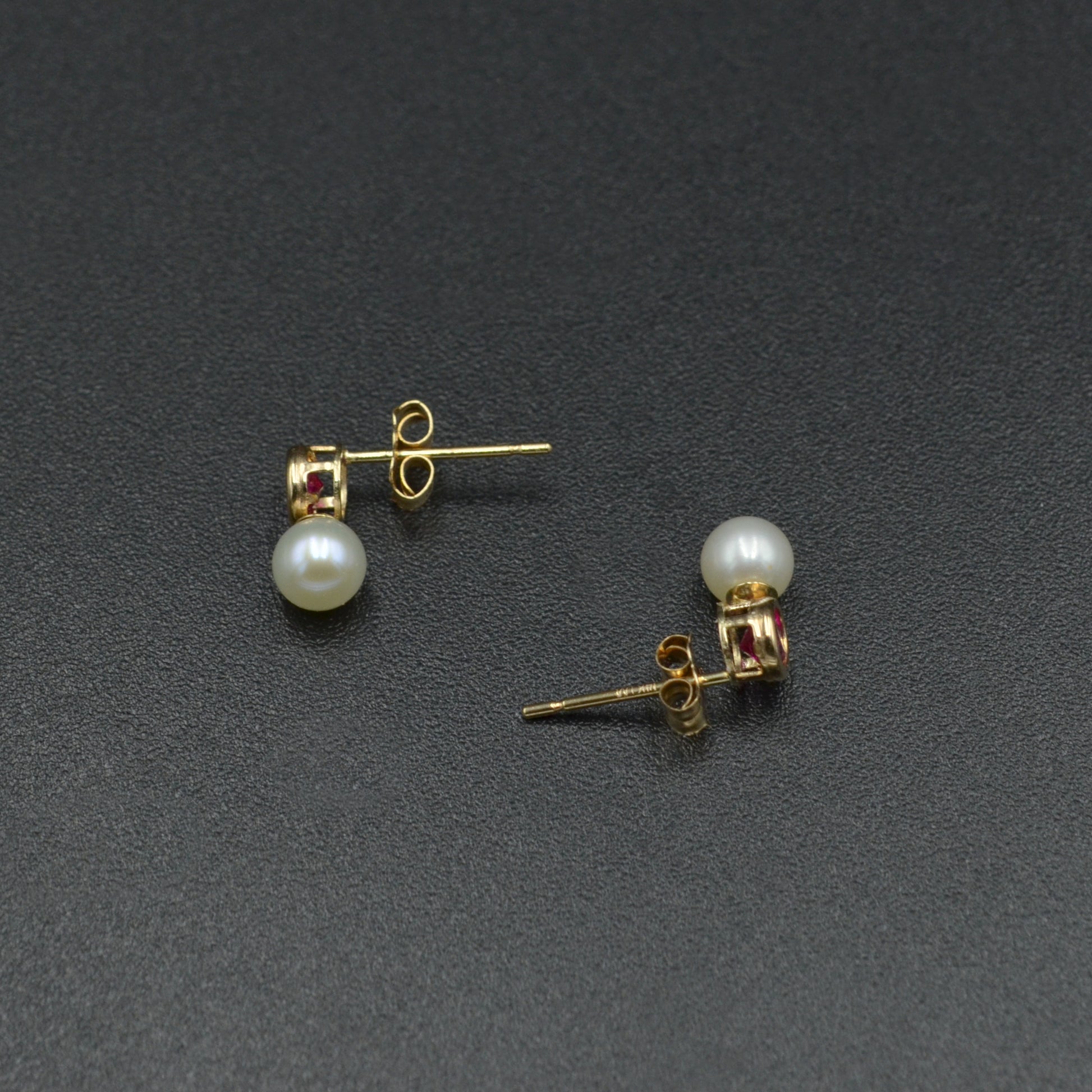 Vintage Synthetic Ruby, Cultured Pearl and 14k Gold Earrings