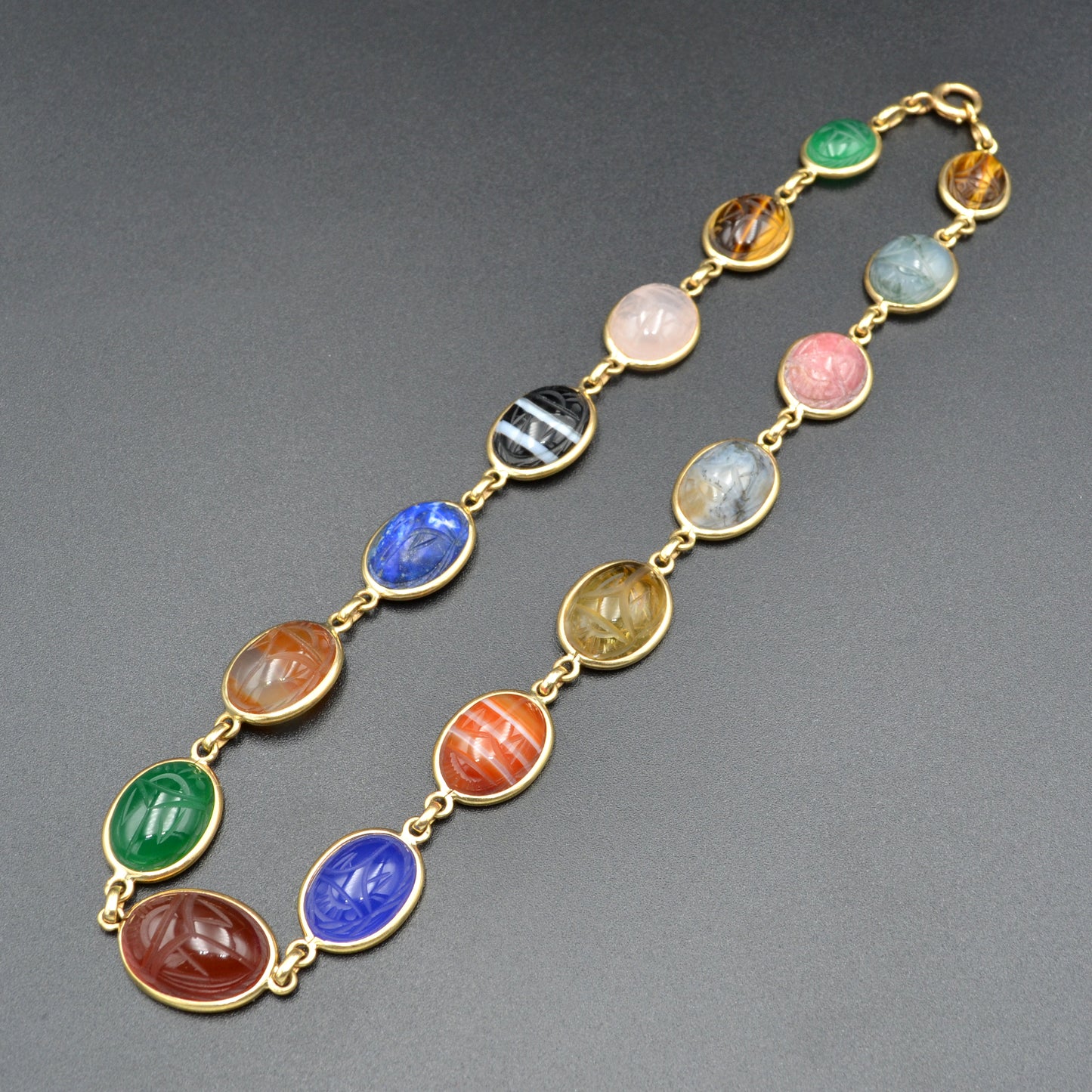 Vintage Egyptian Revival Gemstone Scarab and 14k Gold Collar Necklace