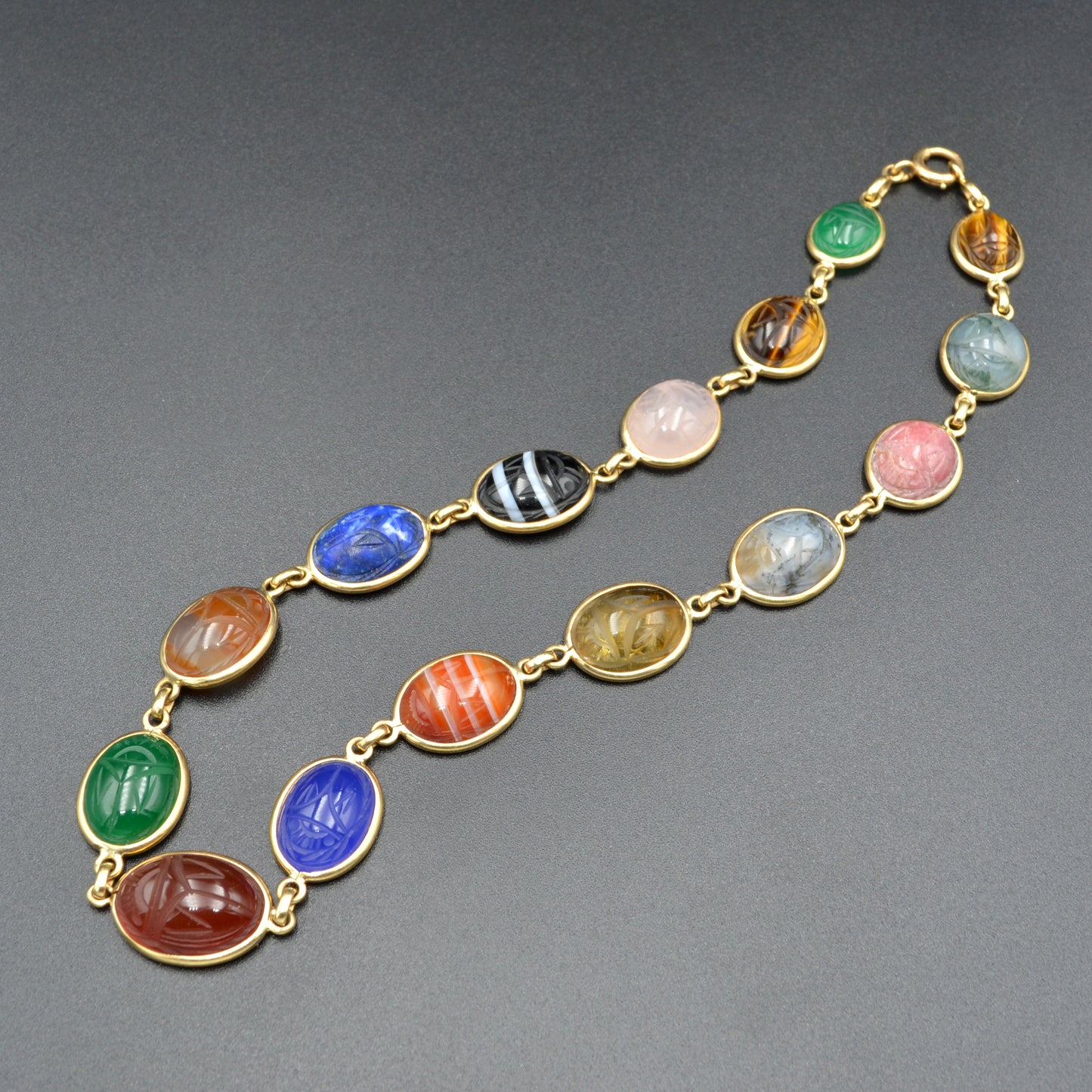Vintage Egyptian Revival Gemstone Scarab and 14k Gold Collar Necklace