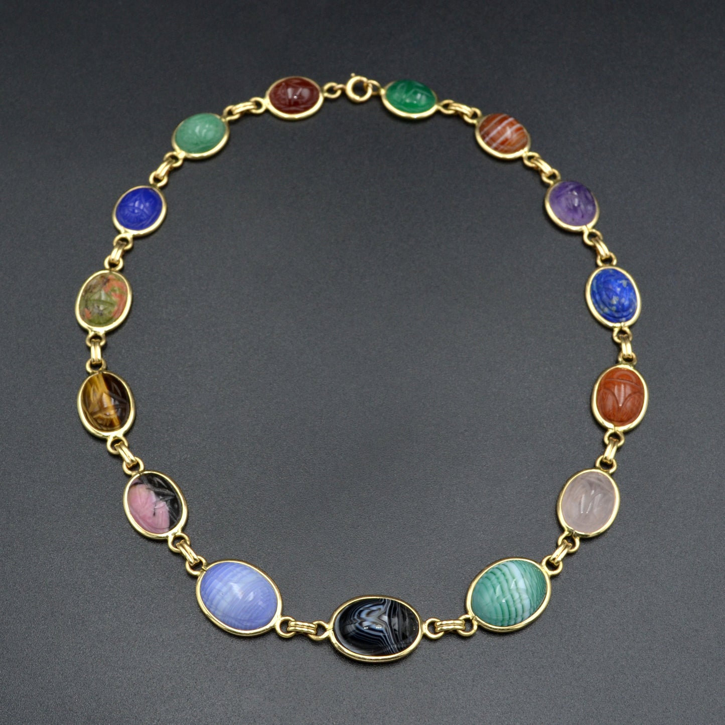 Vintage Egyptian Revival Gemstone and 14k Gold Scarab Necklace