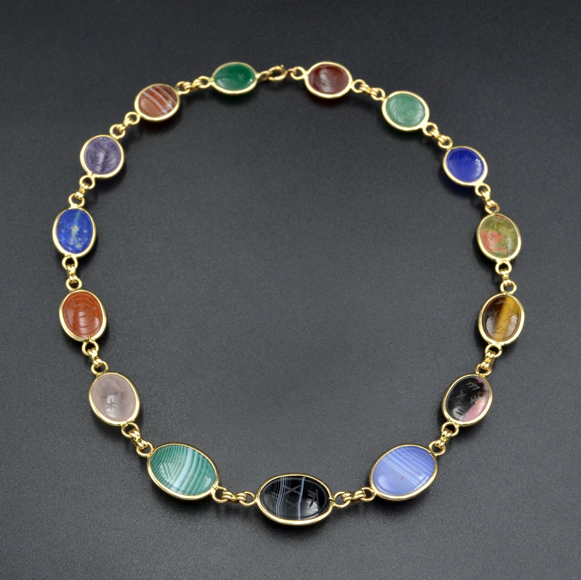 Vintage Egyptian Revival Gemstone and 14k Gold Scarab Necklace