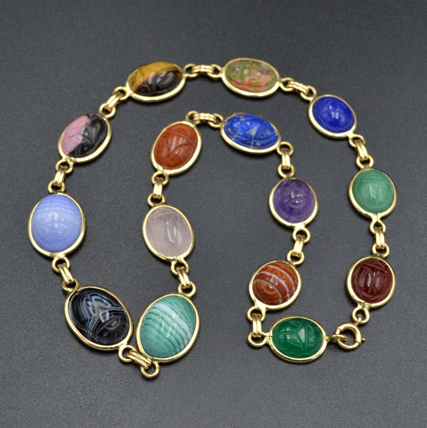 Vintage Egyptian Revival Gemstone and 14k Gold Scarab Necklace