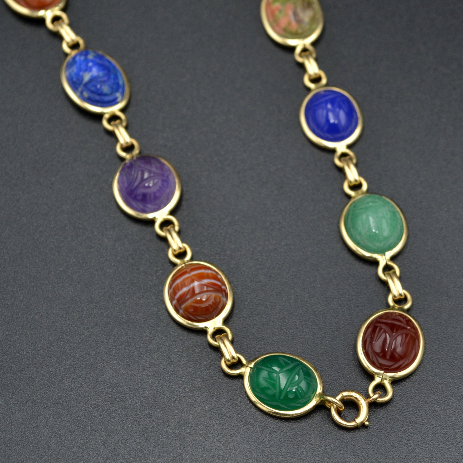 Vintage Egyptian Revival Gemstone and 14k Gold Scarab Necklace