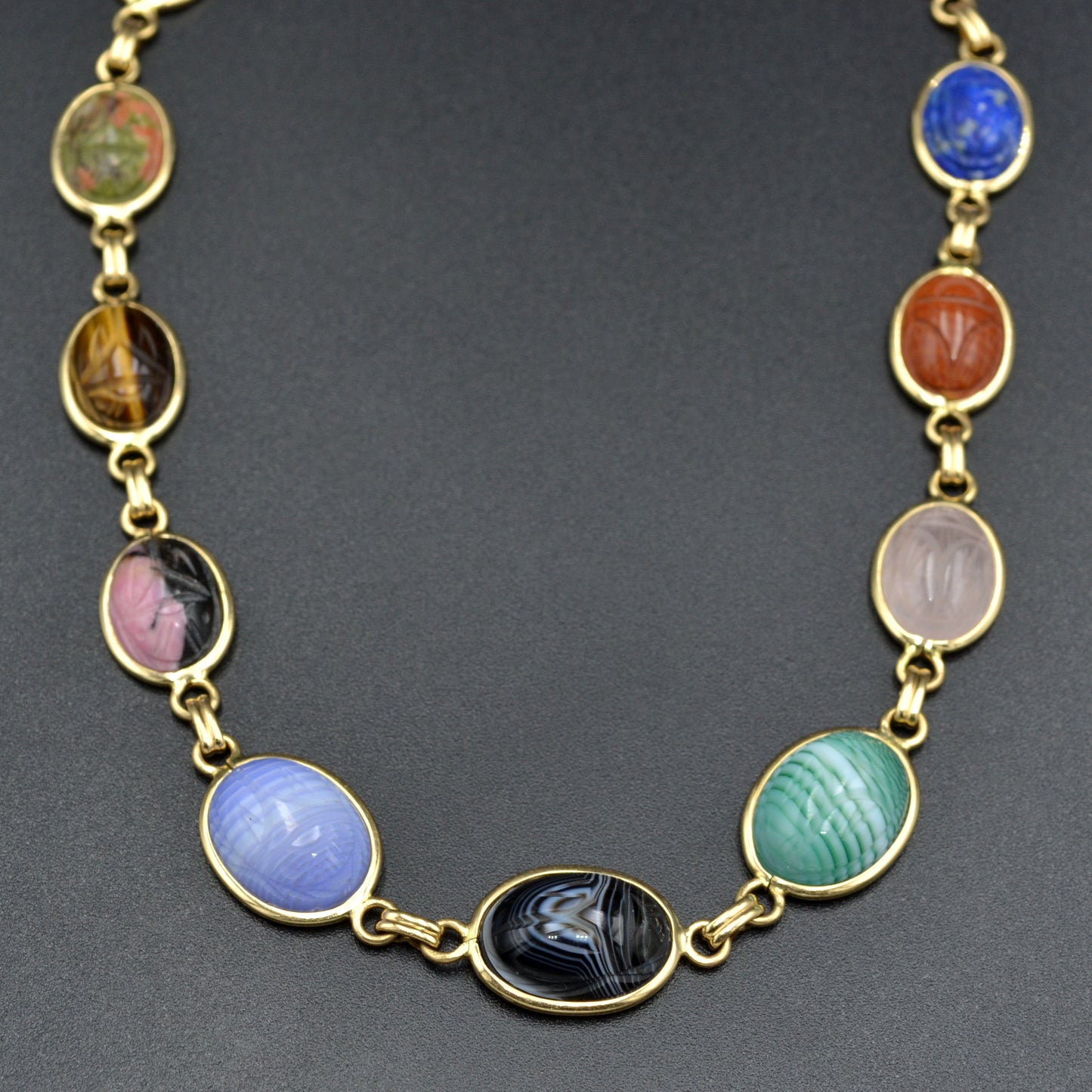 Vintage Egyptian Revival Gemstone and 14k Gold Scarab Necklace