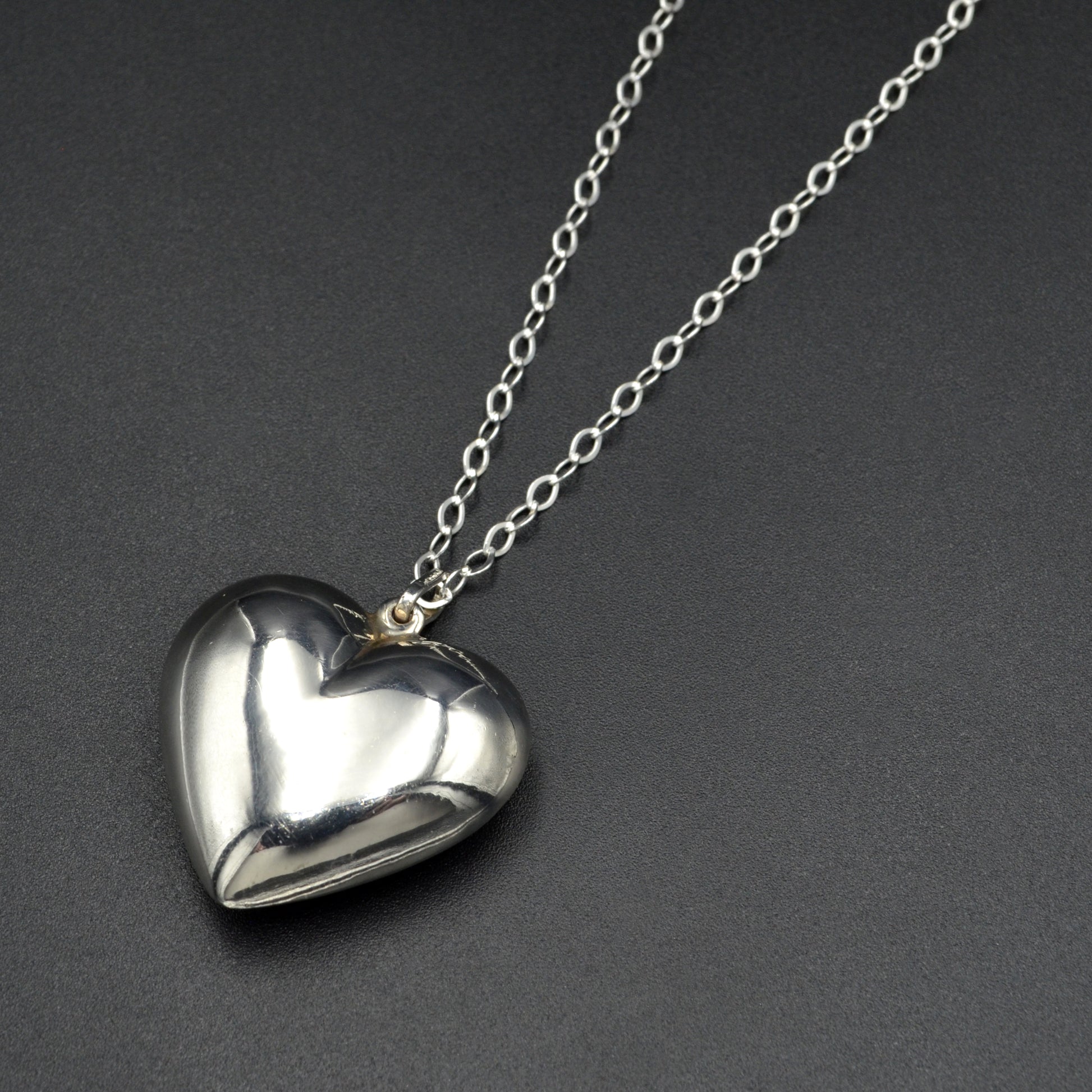 Vintage Puffed Silver Heart Pendant Necklace